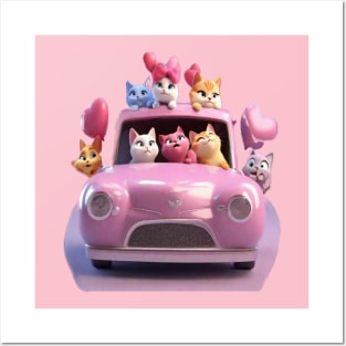 Happy cats in a pink car driving to valentines cat parade. Posters and Art